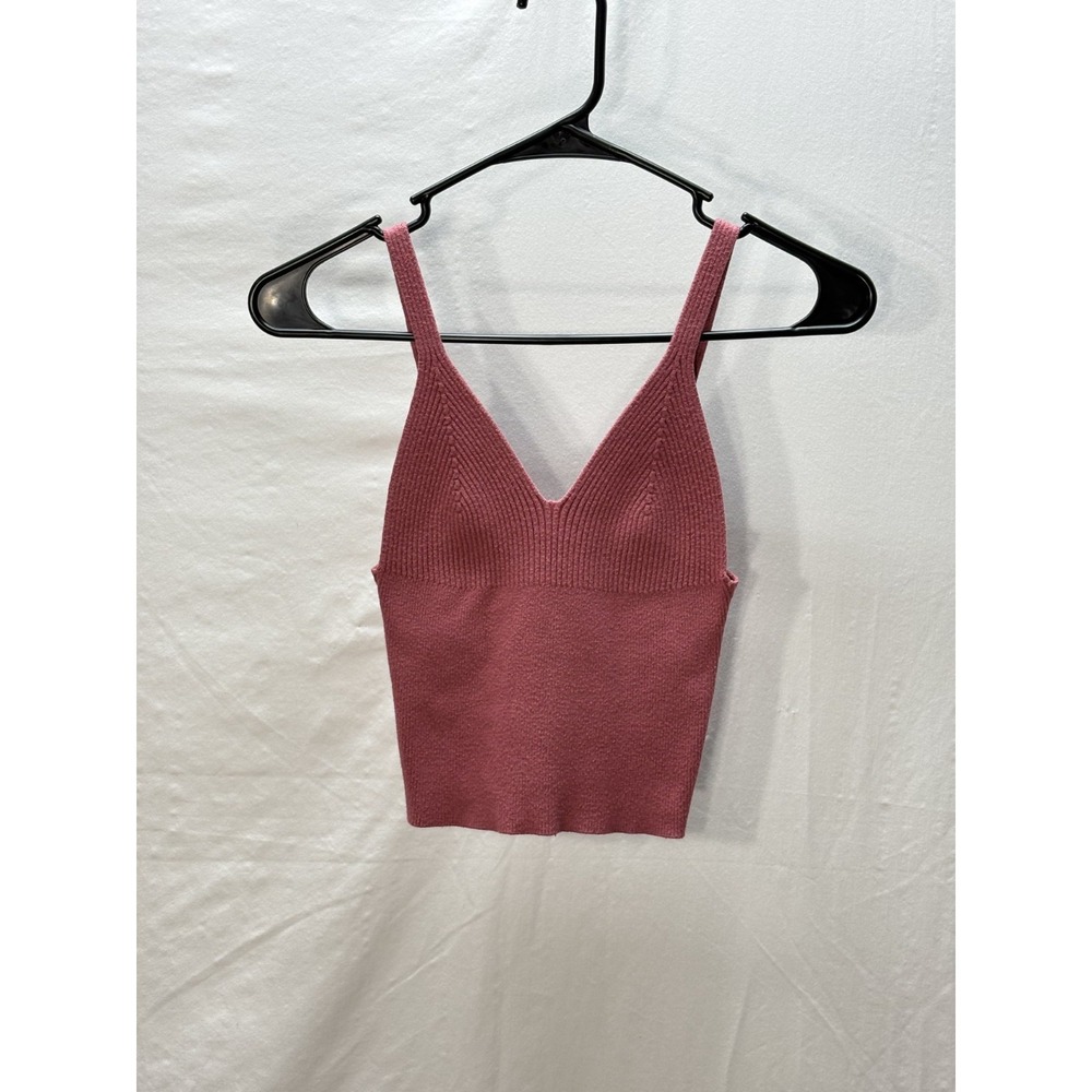 Pink Ribbed Knit Crop Tank Top V Neck Fitted Y2K Minimalist Women S